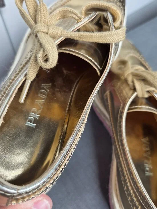 Prada Gold Metallic Platform Brogue Oxfords Espadrille Sole Women's 37.5 - Picture 10 of 13